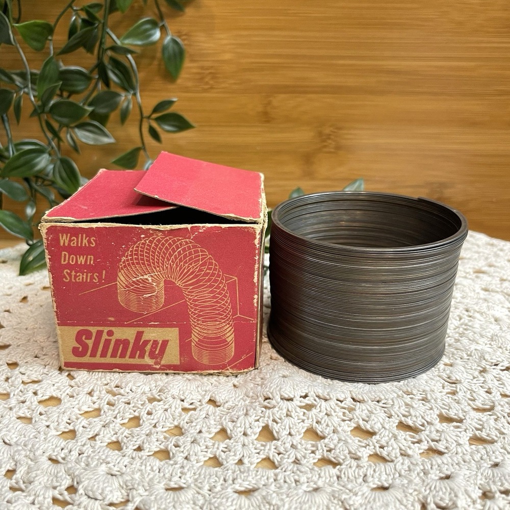 Vtg James Industries Metal Slinky Toy Original Red Box Walks Down Stairs 1950s